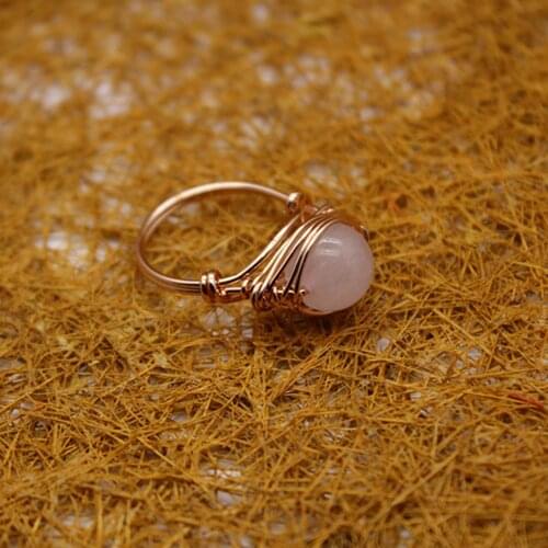 6pcs Natural Stone Roses Quartz Amethysts 10mm Round Beads Rings Copper Wire Handmade Wrap Healing Ring for Women Jewelry Free