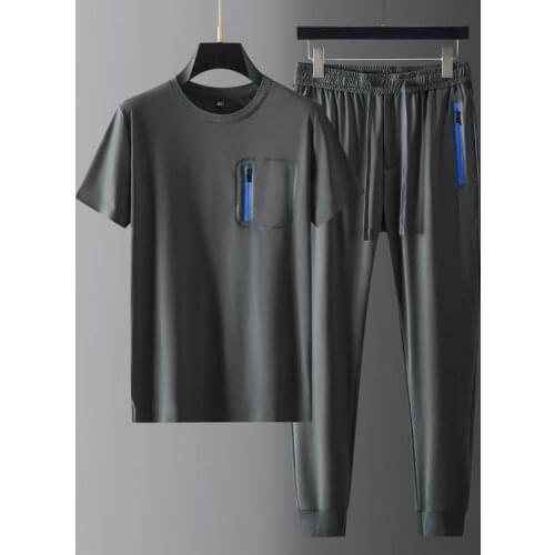 New Summer Thin Mens Sets (t-shirts+pants) Luxury Short Sleeve Zipper Pockets Sport Casual Male Sets Slim Fit Man Suits 4XL