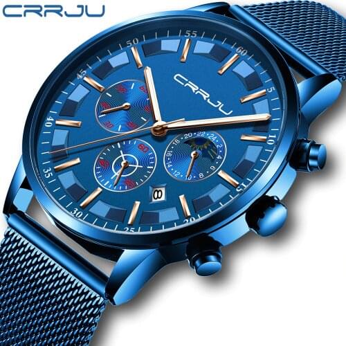 Mens Quartz Watches CRRJU Luxury Full Steel Mens Wristwatches Date Clock Military Waterproof Chronograph Relogio Masculino