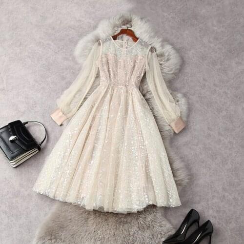 2021 New Superior Quality Sparkle Gauze Dress Summer Office Lady Womens Clothing Slim Waist Embroidery Dress Cocktail Dresses