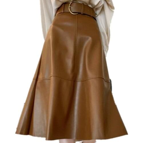 Autumn Winter PU Leather knee legnth a-line Skirt Women High Waist umbrella skirt With Belt