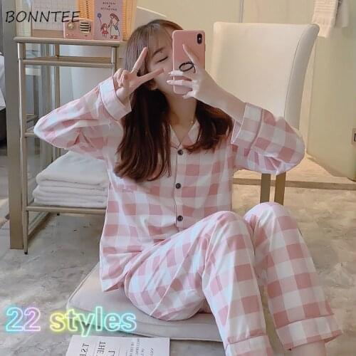 Pajama Sets Women 3XL Simple Korean Plaid Spring Chic Long Sleeve Womens 2 Piece Homewear Fashion Soft Pregnant Ladies Sleepwear