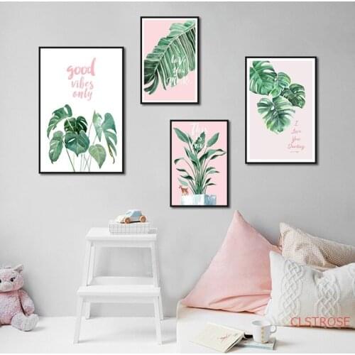 Fresh Green Plant Poster Nordic Modern Minimalist Pink Combination Painting Home Decoration Living Room Art Canvas Wall Pictures
