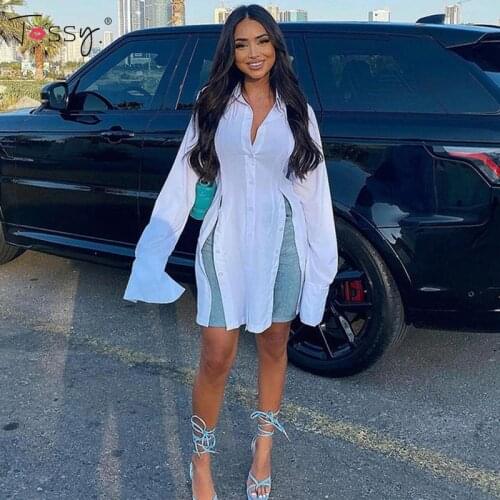 Tossy Casual White Shirtdress Summer High Split Out Mini Dresses Outwear Long Sleeve Single Breasted Oversized Female Shirts Hot