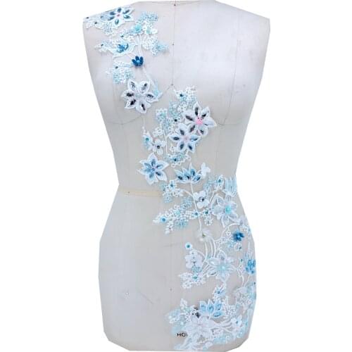 Handmade sky blue Hot drilling Rhinestone lace embroidery patch applique wedding dress bordados DIY Performance clothing