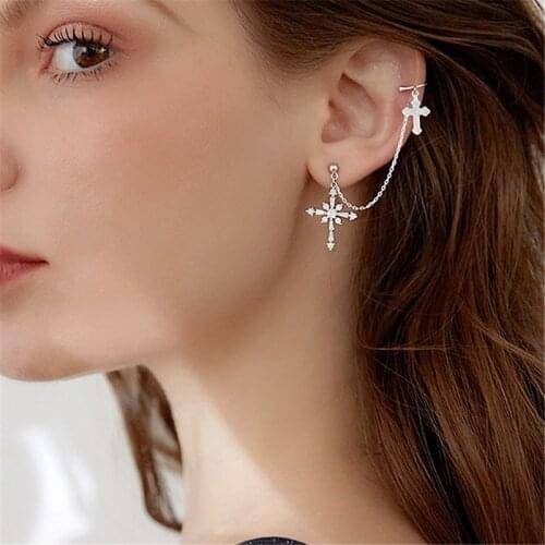 Retro minority high sense crucifix ear stud ear bone clip integrated chain earrings female minority design individual earrings