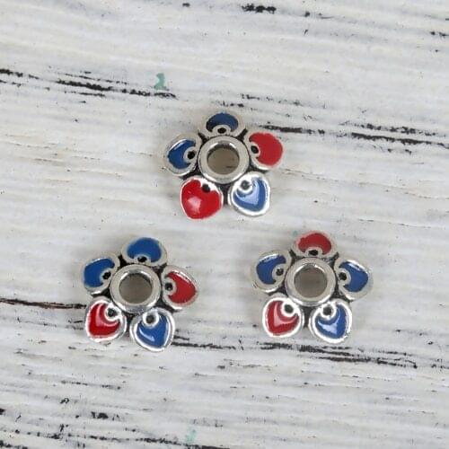5 PCs Copper Cloisonne Beads Caps Flower Gold Color Royal Blue Enamel Bead Caps 8 x 8mm Fit Beads Size: 10mm Dia DIY Jewelry