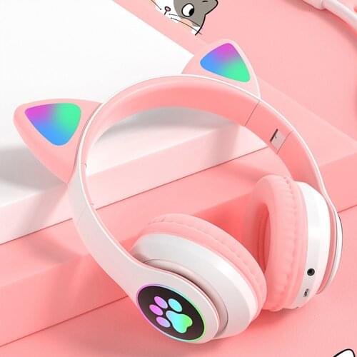 STN-28 Glowing Cat Ear Headphones Foldable Wireless BT5.0 Over Ear Earphone Noise Reduction with Mic AUX IN TF Card MP3 Player