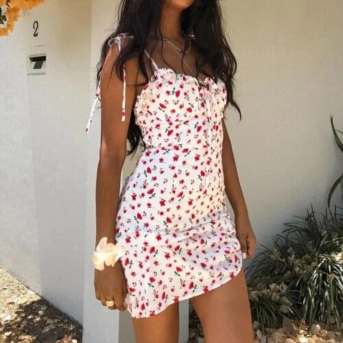 Boho Floral Printed Lace-up Spaghetti Strap Cami Dress Sleeveless Backless Ruched Mini Sundress Sexy Women Summer Clothes
