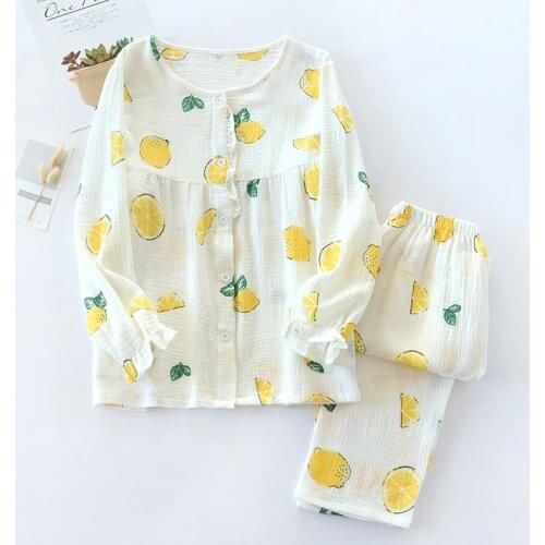 Japanese Womens Simple V-neck Pajamas Spring Autumn 100% Cotton Double-layer Long-sleeved Home Service Suit Thin Summer Clothes