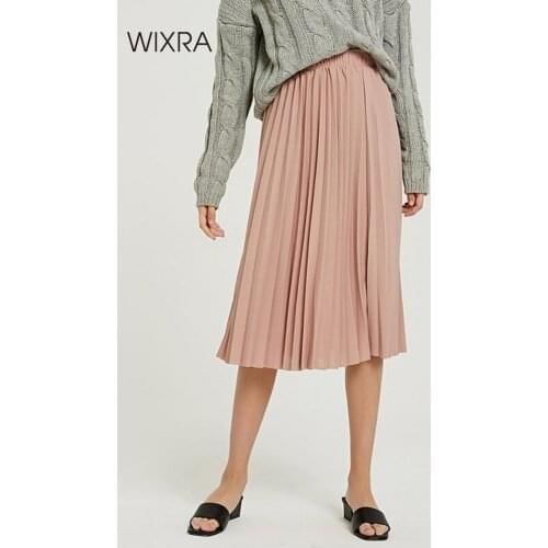 Wixra 2019 New Solid Pleated Skirts High Waist A Line Mid-Calf Skirt Summer Autumn Ladies Bottom