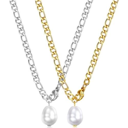 Chunky Chain Baroque Pearl Pendant Necklaces for Women Choker Stainless Steel Chain Jewelry Gifts Christmas Party Accessories