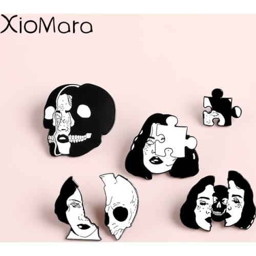 The Skeleton Couples Lapel Pin Half Women Half Skull Jigsaw Punk Romantic Goth Halloween Enamel Badges Brooches Pins For Gifts