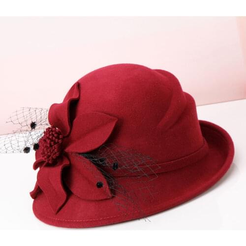 Lady Fedoras Wool Hat Girls British Retro Autumn Winter Woolen Hat Female Adornment Elegant Cap Flower Fisherman Cap B-8938