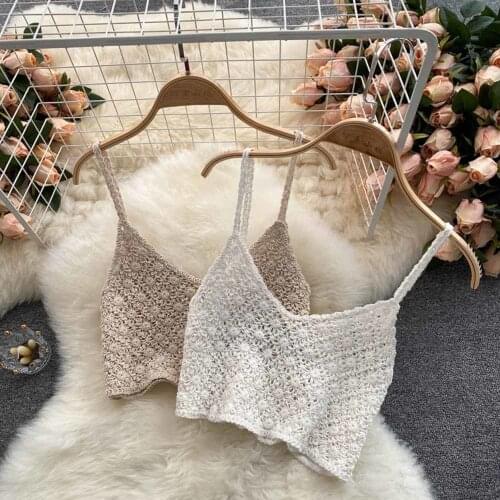 Women Hook Flower Strap Tops Sexy Sleeveless V Neck Slim Y2K Tops Summer Beach Off Shoulder Knitted Short Camisole