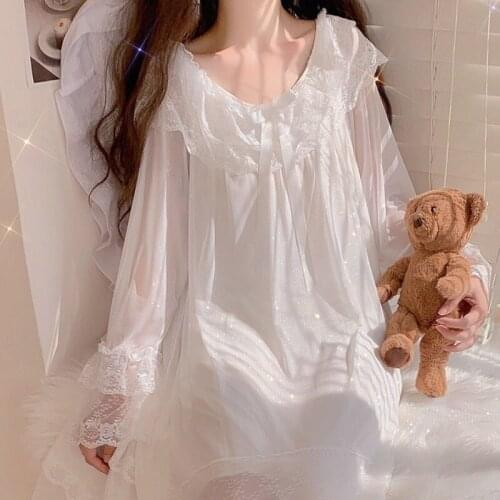 2021 Korean Summer Long Sleeve Nightgowns White Lace Women Solid Sleep Dress Casual Loose Ankle-Length Home Plus Size Clothing