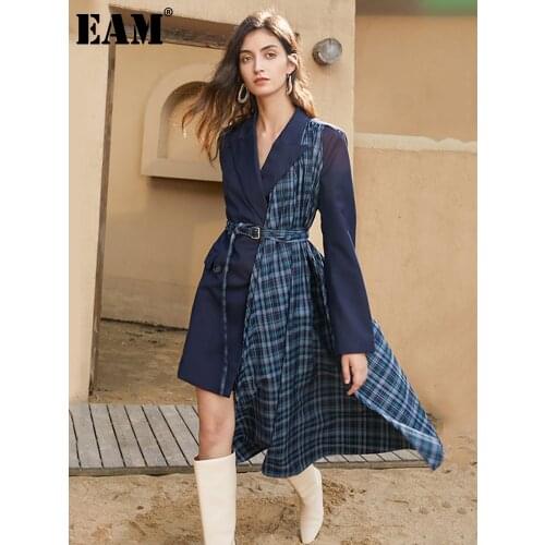 [EAM] Women Blue Plaid Spliced Irregular Bandage Dress New Lapel Long Sleeve Loose Fit Fashion Spring Autumn 2021 1DD0296