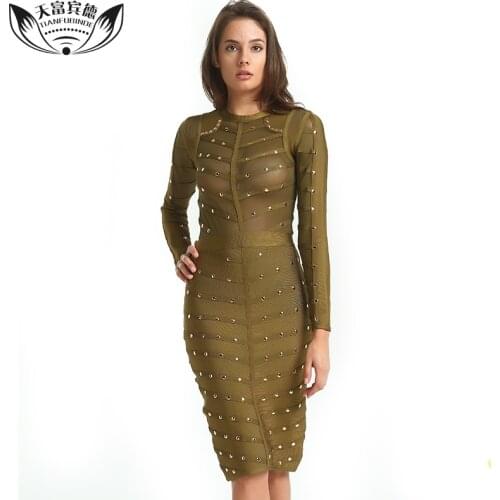 2018 New Women Party Dress Bodycon Dress Long Sleeve Studded Button Olive Mesh High Neck Celebrity Sexy Bandage Dress Wholesale