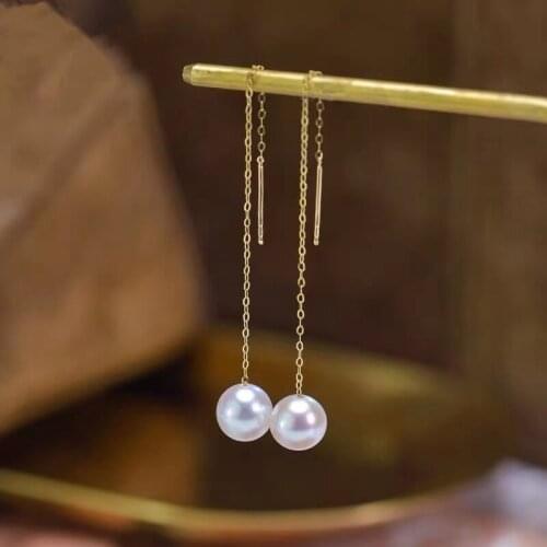18K Solid Yellow Gold (AU750) Women Engagement Drop Earrings Natural Fashion Lady Jewelry Girl Japanese Seawater Pearl
