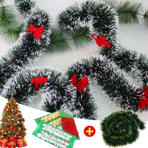 2M Christmas Decor Ribbon Garland+12pcs Christmas Tree Bow Ornament Green Cane Tinsel Party Supplies Bar Tops Ribbon Garland