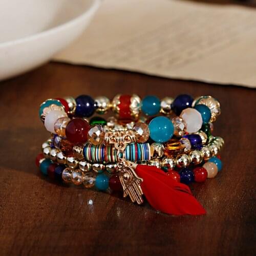 2021 Fashion Multilayer Feather Beaded Alloy Palm Pendant Bracelet Unisex Bracelet All-match Apparel Accessories