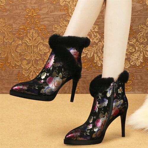 Women Black Genuine Leather High Heel Riding Boots High Top Warm Rabbit Fur Platform Pumps Shoes Pointed Toe Winter Snow Boots