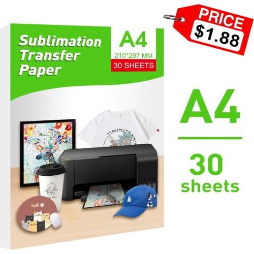 UniPlus 30 SHEETS A4 Sublimation Paper Heat Transfer Photo Paper for HP Canon Brother Inkjet Printer Sublimation Ink DIY Gift