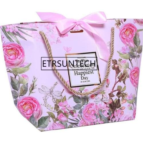European Flower Ship-type Paper Gift Bag With Gold Ribbon Bowknot Wedding Birthday Party Favor And Gift