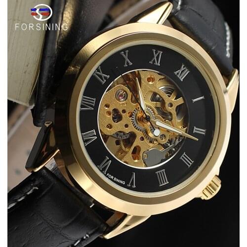 Forsining Roman Number Display Golden Movement Open Work Retro Classic Men Watch Top Brand Luxury Automatic Skeleton Wristwatch