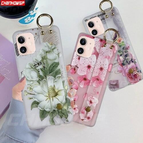 3D Flowers Wrist Strap Phone Case For iPhone 12 11 Pro MAX Mini X XR XS MAX 7 8 6 6s Plus Hand Band Cases Soft TPU Relief Cover