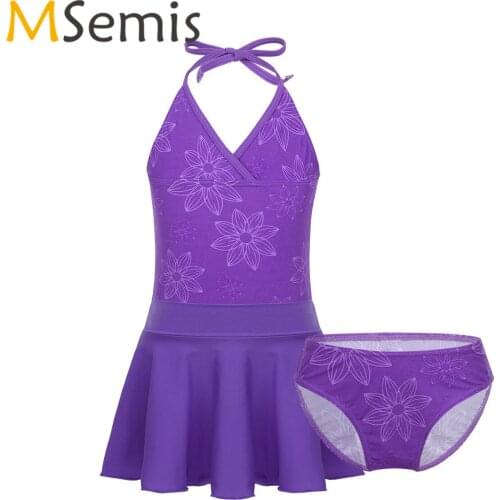 Kids Girls Tankini Swimsuits Swimwear Sets Purple Halter Top the bottoms with the Mini Skirts for Swimming Beach Bathing Suit
