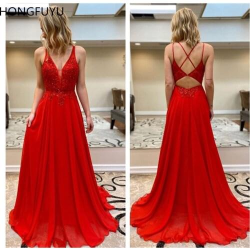 HONGFUYU Long Dresses Prom Evening Gown vestido de formatura longo Red Sheer V-neck Chiffon Crystals Formal Party A-line Dresses