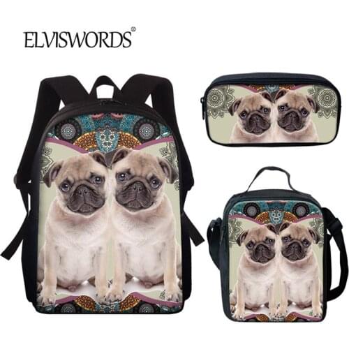 ELVISWORDS Teen Student 3pcs School Bag Funny 3D Pug Dog Print Book Bags Durable Backpack and Pencil Case Brand Design mochila
