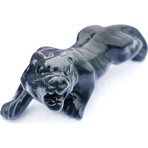 Natural Black Obsidian Leopard Figurine Hand-Carved Quartz Crystal Animal Crafts Healing Crystal Stone Home Decoration