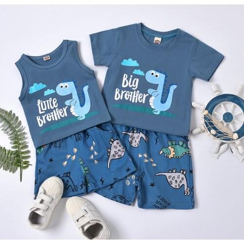 FOCUSNORM 2Pcs Baby Boy Casual Outfits Dinosaur & Letter Print Round Neck T-shirt / Tank Top + Shorts with Pockets