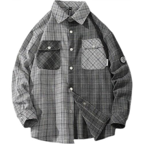 New Flannel Collar Korea Style Shirt for Mens Plaid Harajuku Clothing Brand 2021 Spring Autumn Long Sleeves