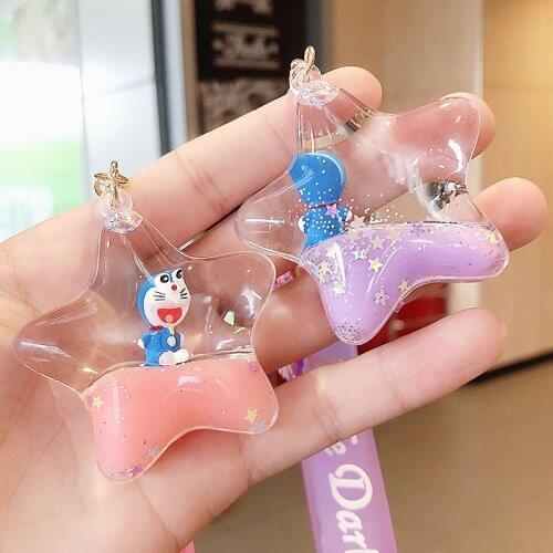 New Liquid Floating Star Acrylic Keychain Creative Cartoon Cat Doll Keyring Women Men Cute Bag Car Pendant Key Holder Gifts