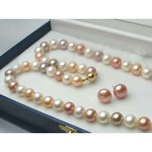 Fine quality jewelry Nobility Womans jewelry 8-9mm Real White/Pink/Purple Akoya Cultured Pearl Clasp Necklace 18"