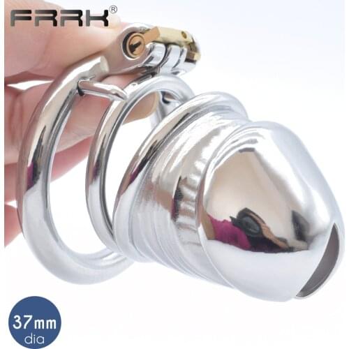 FRRK C B Chastity Cage Device Metal Cock Lock Penis Rings Steel Erect Orgasm Denial Control BDSM Bondage Belt Sex Toys for Male
