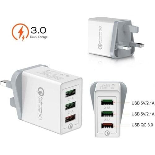 3 Multi-Port Adapter UK Plug USB QC 3.0 Quick Charge Hub Mains Wall Mobile Phone Chargers Portable Wall Fast Phone Charger