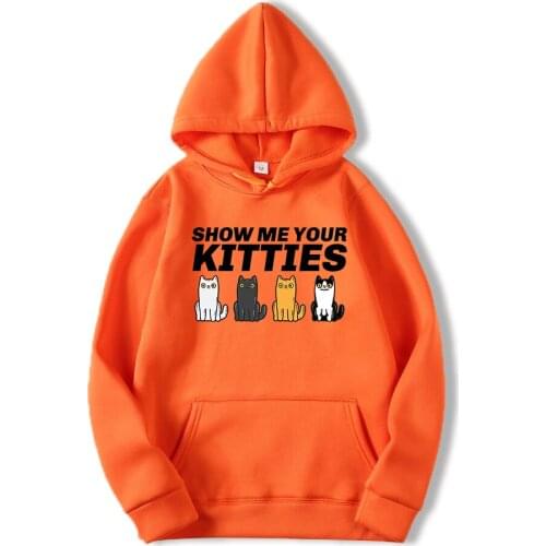 Show Me Your Kitties Cute Hoodies Mens Fleece Warm Cartoon Sweatshirt Autumn Fashion Simple Hooded Casual Hip Hop Men Streetwear