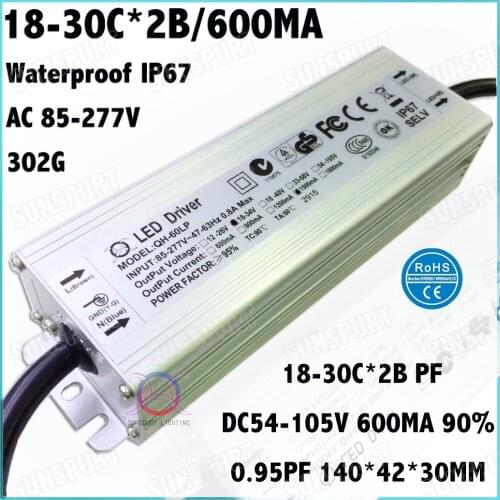 2Pcs Waterproof IP67 High PF 60W AC85-277V LED Driver 18-30Cx2B 600MA DC54-105V Constant Current For LED Spotlight Free Shipping