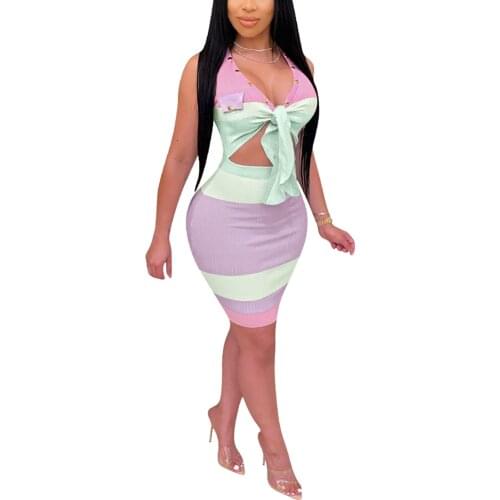 Womens Casual Sleeveless Short Dress Fashion Contrast Color Stripe Bandage Hollow Tight Dress