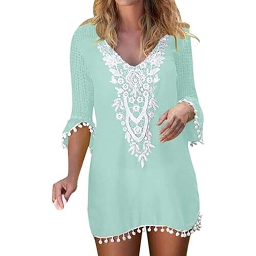 Women Tassel Lace Crochet Swimwear Beach Cover Up Casual Loose Holiday Beachwear Female Vacation Bathing Suit Cover Up