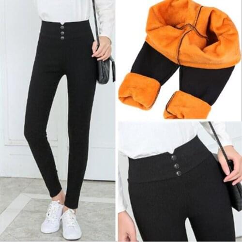 WKOUD High Waist Trousers Women Winter Warm Trousers 2018 Thickening Black Skinny Pencil Pants Female Stretch Leggings P8570