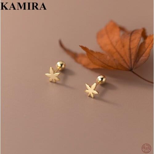 KAMIRA 925 Sterling Silver Cuban Cute Maple Leaf Spiral Bead Stud Earrings for Women Charms Classic European Fine Jewelry серьги