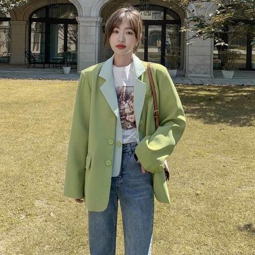 Women Green Big Size Casual Long Blazer New Lapel Long Sleeve Loose Fit Jacket Fashion Tide Spring Autumn 2021