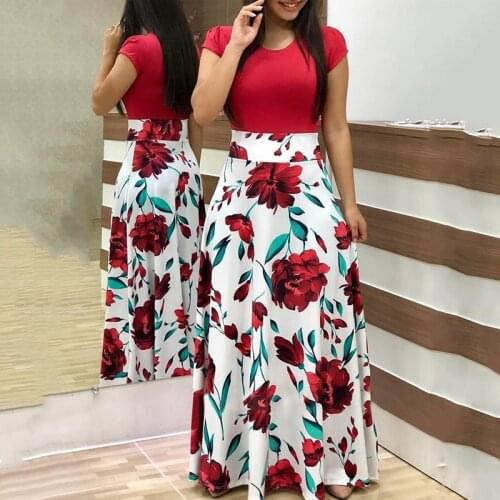 Women Summer Print Maxi Dress Elegant Floral Stitching Short Sleeve Robe Long Dress Lady Plus Size Banquet Party Dress Vestidos