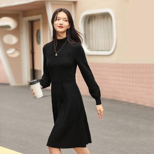 INMAN Black Autumn Winter Causal Lady One Piece Knit Half High Collar Lantern Sleeve Waisted Slim Long Sleeve Elegant Dress