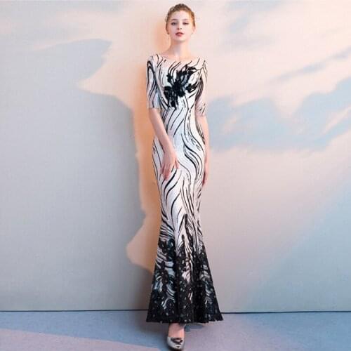Beauty Emily Evening Dress 2019 Mermaid Black White Bling Sequins O-neck Skinny Evening Gowns for Women robe de soiree